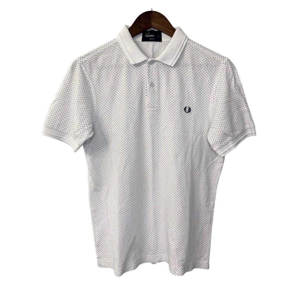 Fred Perry polo men's slim fit medium white blue polka pin dot chest logo preppy